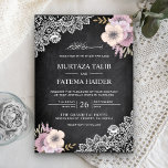 Chalkboard Lace Pink Floral Islamic Wedding Kaart<br><div class="desc">Nodig uw gasten uit met deze elegante trouwuitnodiging met mooie bloemen en kant met 'Bismillah' in Arabische kalligrafie op een rustige achtergrond van het krijtbord. Voeg eenvoudig uw gebeurtenisdetails op deze makkelijk te gebruiken sjabloon toe om het één-van-een-soort uitnodiging te maken.</div>