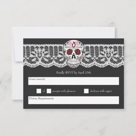 Chalkboard Lace Red & Black Sugar Skull RSVP-kaart Kaart (Voorkant)