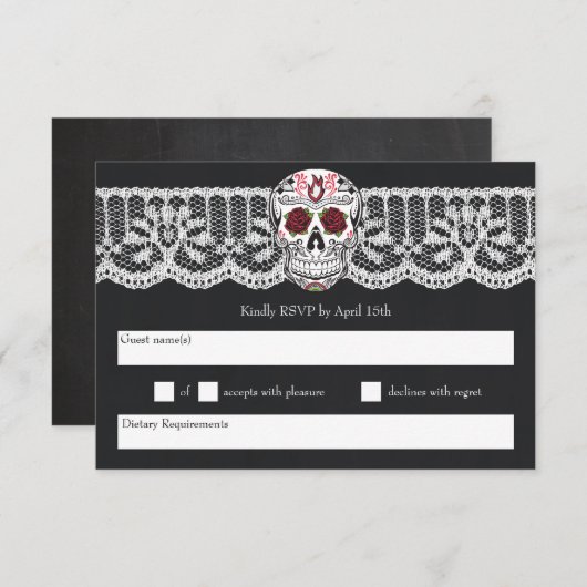 Chalkboard Lace Red & Black Sugar Skull RSVP-kaart Kaart (Voorkant / Achterkant)