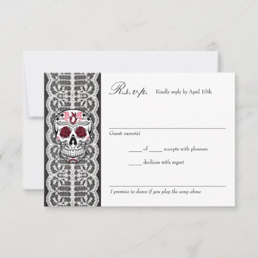 Chalkboard Lace Red & Black Sugar Skull RSVP-kaart RSVP Kaartje (Voorkant)