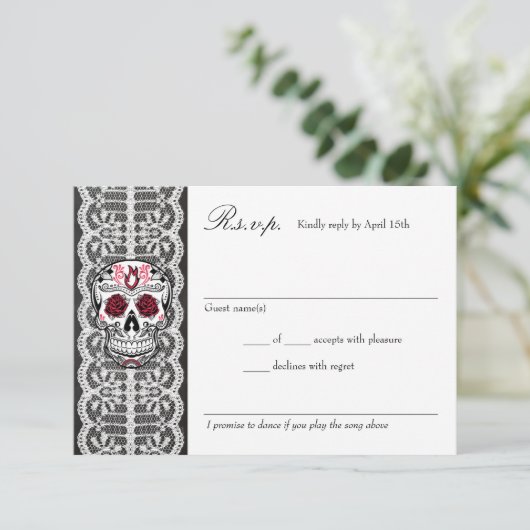 Chalkboard Lace Red & Black Sugar Skull RSVP-kaart RSVP Kaartje (Staand voorkant)