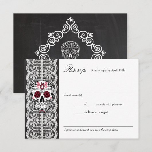 Chalkboard Lace Red & Black Sugar Skull RSVP-kaart RSVP Kaartje (Voorkant / Achterkant)
