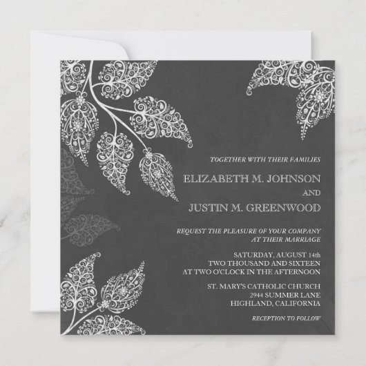 Chalkboard Lacy Leaves Wedding Kaart (Achterkant)