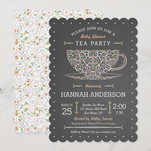 Chalkboard Lacy Teacup Baby shower Uitnodiging (Voorkant / Achterkant)
