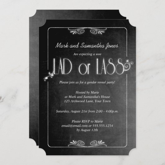 Chalkboard Lad of Lass Gender Rekaltion Party Invi Kaart (Voorkant / Achterkant)