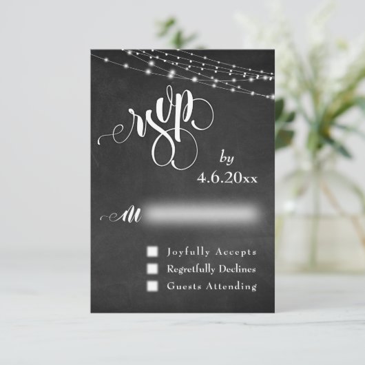 Chalkboard, lampjes, kalligrafie RSVP (Staand voorkant)