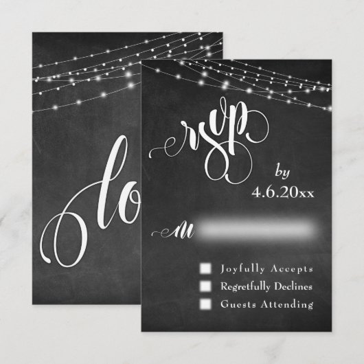 Chalkboard, lampjes, kalligrafie RSVP (Voorkant / Achterkant)
