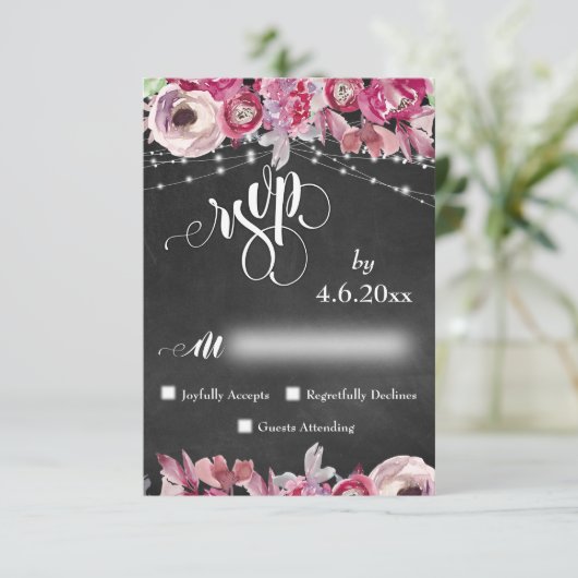 Chalkboard, lampjes, kalligrafiroze bloemen RSVP (Staand voorkant)