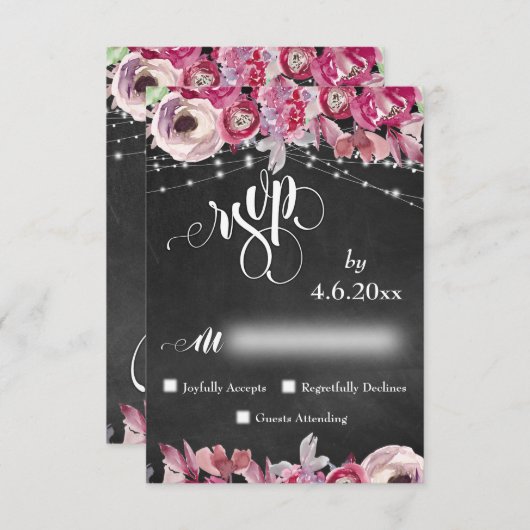 Chalkboard, lampjes, kalligrafiroze bloemen RSVP (Voorkant / Achterkant)