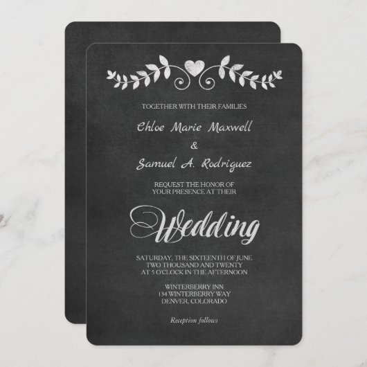 Chalkboard Laurel Leaf Heart Wedding Invitation Kaart (Voorkant / Achterkant)