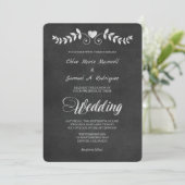 Chalkboard Laurel Leaf Heart Wedding Invitation Kaart (Staand voorkant)