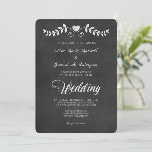 Chalkboard Laurel Leaf Heart Wedding Invitation Kaart (Staand voorkant)
