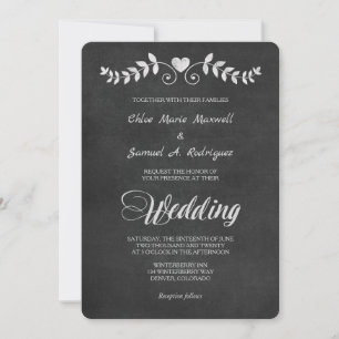 Chalkboard Laurel Leaf Heart Wedding Invitation Kaart