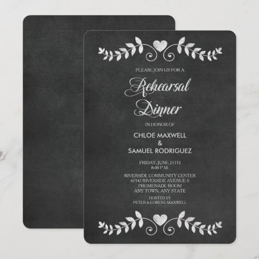 Chalkboard Laurel Leaf Rehearsal Dinner Invitation Kaart (Voorkant / Achterkant)