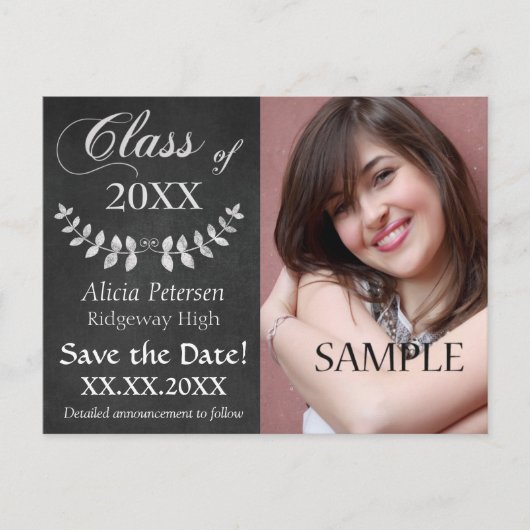 Chalkboard Laurel Leaf Save the Date Afstuderen Aankondigingskaart (Voorkant)