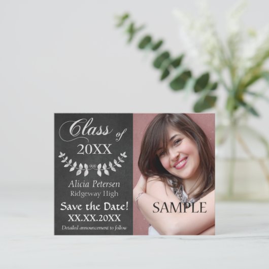 Chalkboard Laurel Leaf Save the Date Afstuderen Aankondigingskaart (Staand voorkant)