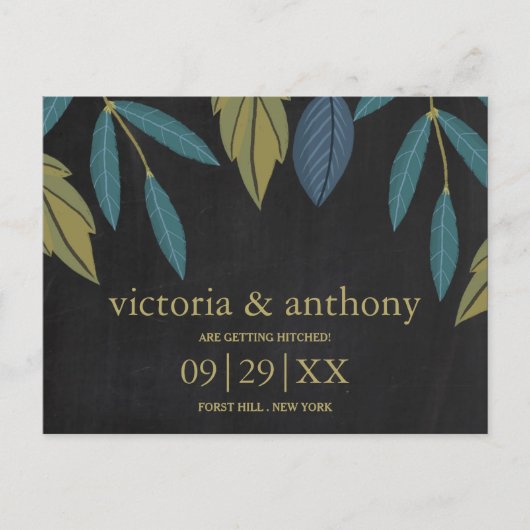 Chalkboard Leaf Bruiloft Bewaar de datum Aankondigingskaart (Voorkant)