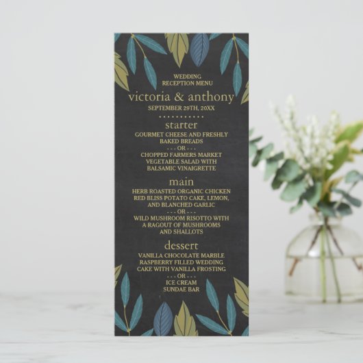 Chalkboard Leaf Bruiloft Menu (Staand voorkant)
