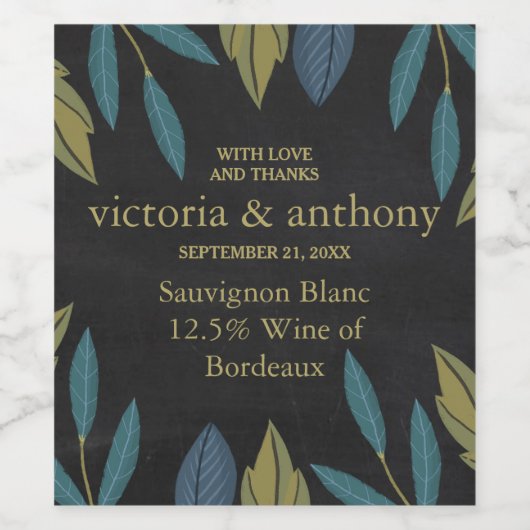 Chalkboard Leaf Bruiloft Wijn Etiket (Enkel label)