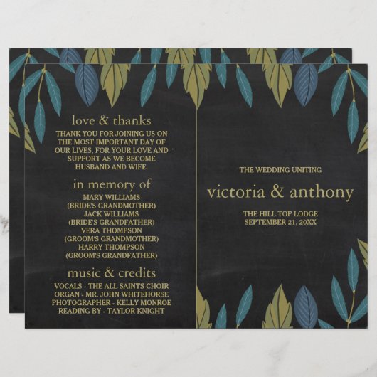 Chalkboard Leaf Wedding Bi-Fold Programma (Voorkant / Achterkant)