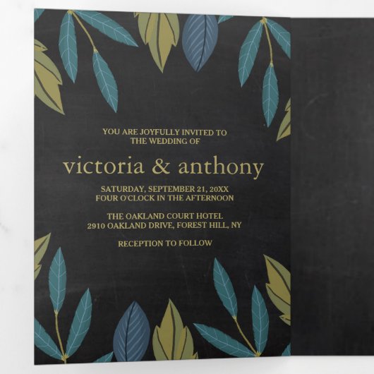 Chalkboard Leaf Wedding Suite Drieluik Uitnodiging (Binnenzijde eerst)