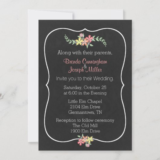 Chalkboard Let Floral Wedding Invitation Kaart (Voorkant)