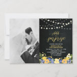 Chalkboard & Lichtfoto 50th Wedding Jubileum Kaart<br><div class="desc">Viel je speciale dag om met deze uitnodiging voor huwelijksfeesten op maat. Dit ontwerp is voorzien van een mooie typografie "shhh... het is een verrassing " en snaarlichten op een achtergrond van een bord . Vervang de steekproeffoto met uw eigen foto. Er zijn meer uitnodigingen voor trouwfeesten en partijbenodigdheden beschikbaar...</div>