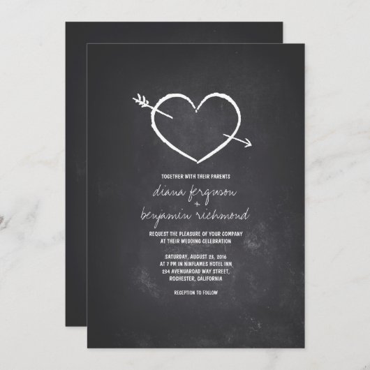 Chalkboard liefde hart rustieke bruiloft uitnodigi kaart (Voorkant / Achterkant)