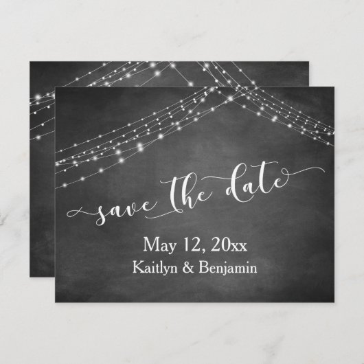 Chalkboard Light Strings Kalligrafie Bewaar de dat Save The Date (Voorkant / Achterkant)