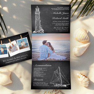 Chalkboard Lighthouse Sailboat Nautical Wedding Drieluik Uitnodiging
