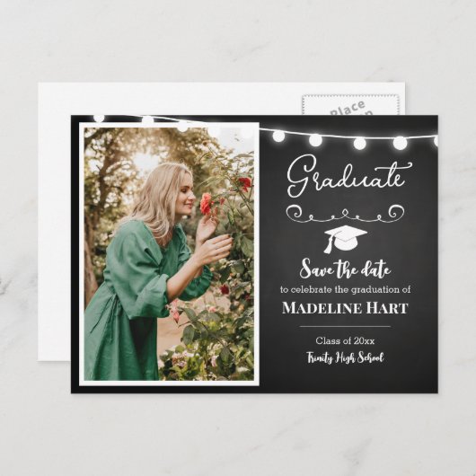 Chalkboard Lights Afstuderen | De datum opslaan Briefkaart (Voorkant / Achterkant)