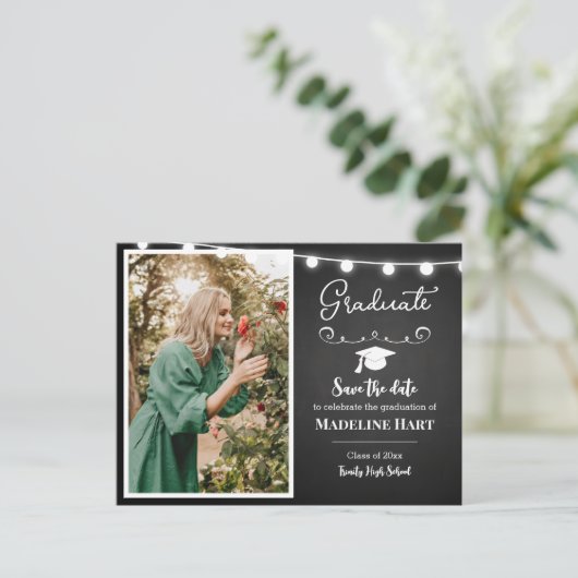 Chalkboard Lights  Afstuderen | De datum opslaan Briefkaart (Staand voorkant)