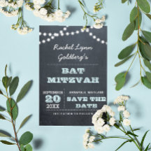 Chalkboard Lights Aqua Bat Mitzvah Save the Date