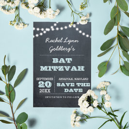 Chalkboard Lights Aqua Bat Mitzvah Save the Date Aankondigingskaart