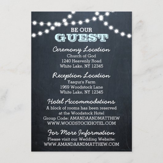 Chalkboard Lights Aqua Bruiloft Gastinformatie Informatiekaartje (Voorkant)