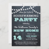 Chalkboard Lights Aqua Housewarming Uitnodigingen (Voorkant)
