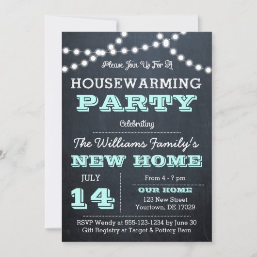 Chalkboard Lights Aqua Housewarming Uitnodigingen (Voorkant)