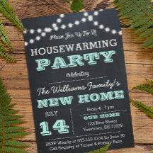 Chalkboard Lights Aqua Housewarming Uitnodigingen