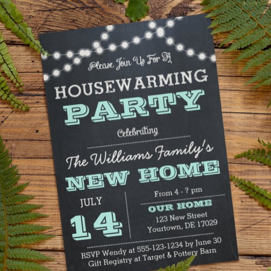 Chalkboard Lights Aqua Housewarming Uitnodigingen