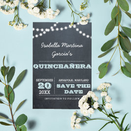 Chalkboard Lights Aqua Quinceañera Bewaar de datum Aankondigingskaart