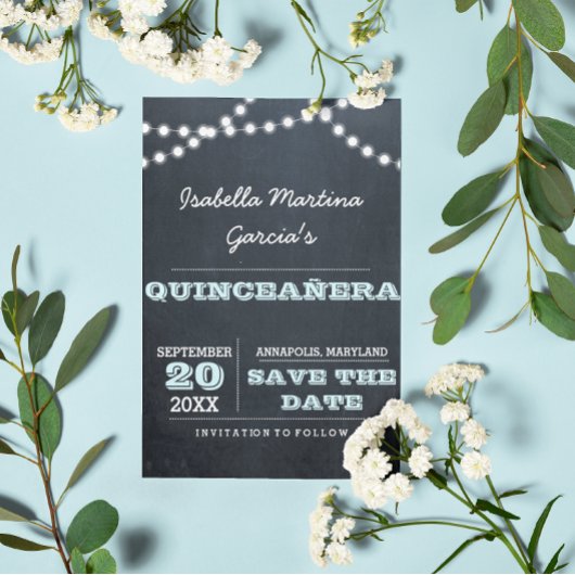 Chalkboard Lights Aqua Quinceañera Bewaar de datum Aankondigingskaart