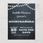 Chalkboard Lights Aqua Quinceañera Bewaar de datum Aankondigingskaart (Voorkant)