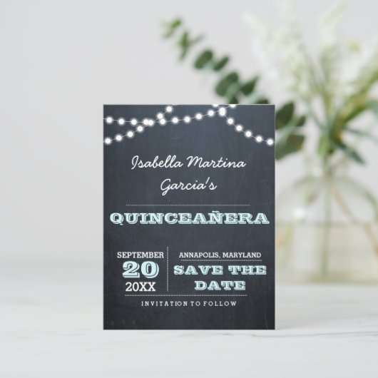 Chalkboard Lights Aqua Quinceañera Bewaar de datum Aankondigingskaart (Staand voorkant)