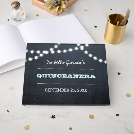 Chalkboard Lights Aqua Quinceañera Guest Book Gastenboek (Voorkant open)