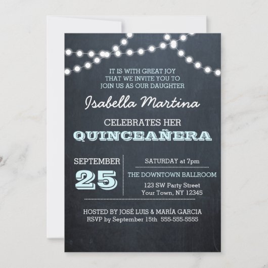 Chalkboard Lights Aqua Quinceañera Uitnodiging (Voorkant)
