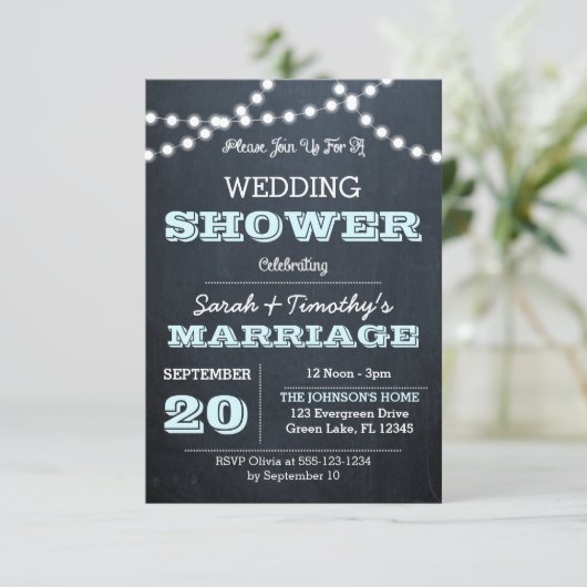 Chalkboard Lights Aqua Wedding Party Sm Uitnodigin Kaart (Staand voorkant)