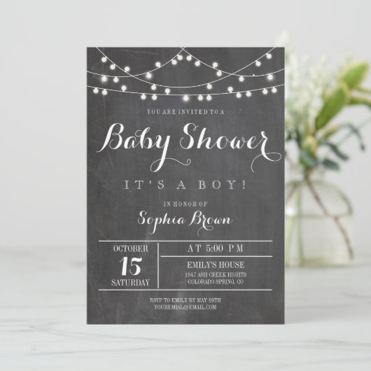 Chalkboard Lights Baby shower Uitnodiging (Staand voorkant)