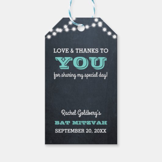Chalkboard Lights Blauwgroen Bat Mitzvah Dank u Cadeaulabel (Voorkant)