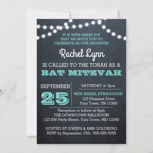Chalkboard Lights Blauwgroen Bat Mitzvah Invitatio Kaart (Voorkant)