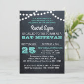 Chalkboard Lights Blauwgroen Bat Mitzvah Invitatio Kaart (Staand voorkant)